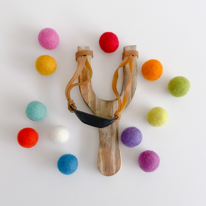 Wood Slingshot with 12 Felt Balls